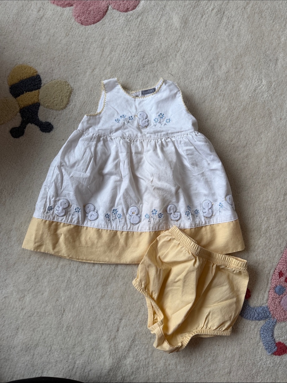 White & Pale Yellow Baby Dress Set with Duck Embroidery